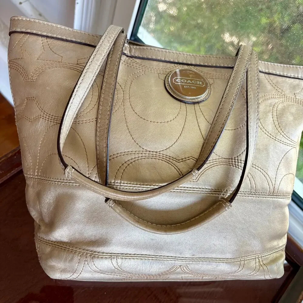 Coach F18877 Gold Metallic Signature Stitch Leather Tote 2011
